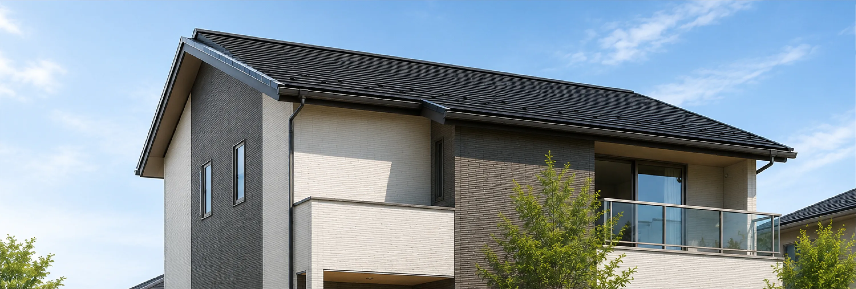 外壁と屋根を落ち着いた色でコーディネートした住宅の外観