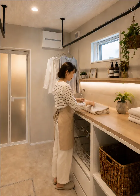 室内物干しと作業台を備えたランドリールーム
