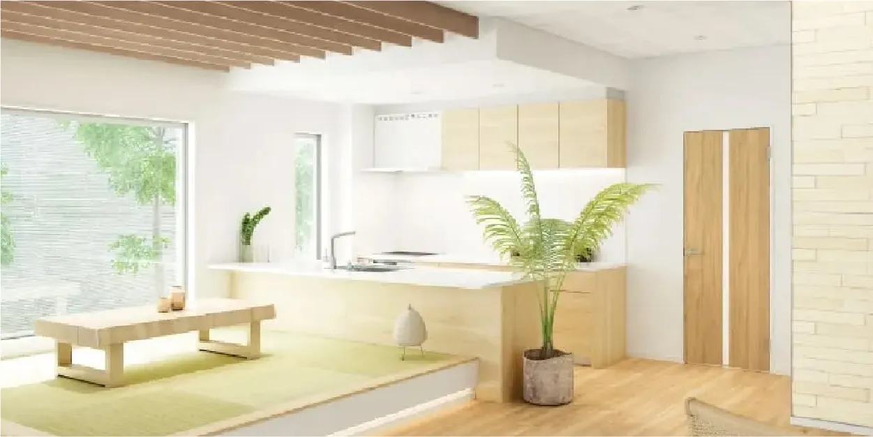 木目の建具を使用した明るいリビング